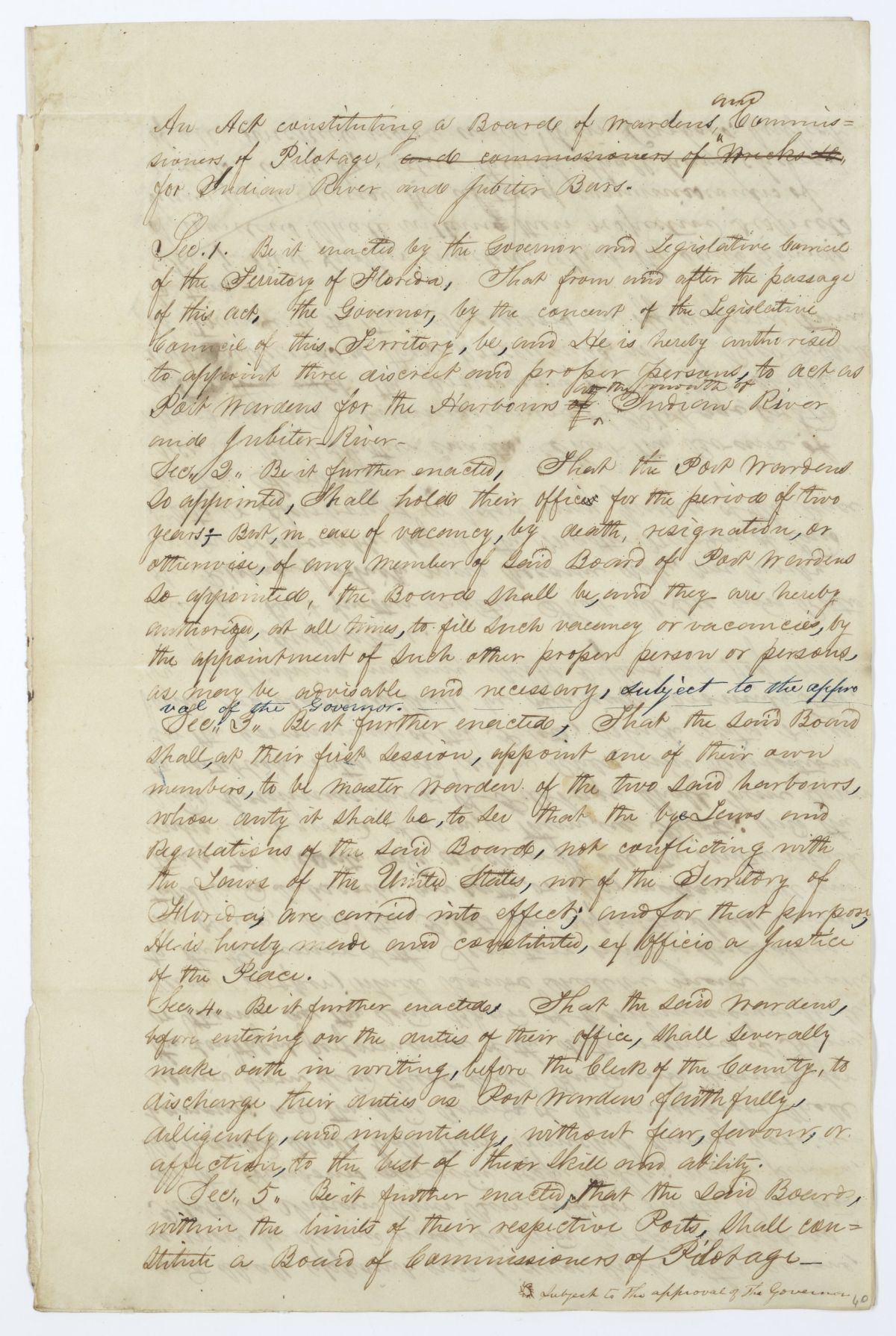 Draft of an Act Constituting a Board of Wardens and Commissioners of Pilotage for Indian River and Jupiter Bars, 1845