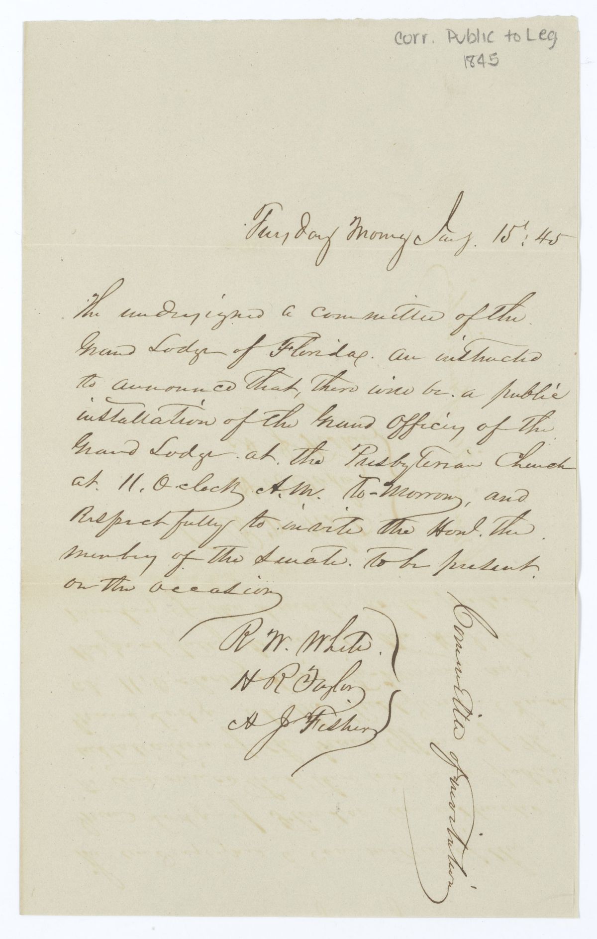 Letter from the Grand Lodge Inviting Members of the Senate to a Public Installation of the Grand Officers, 1845