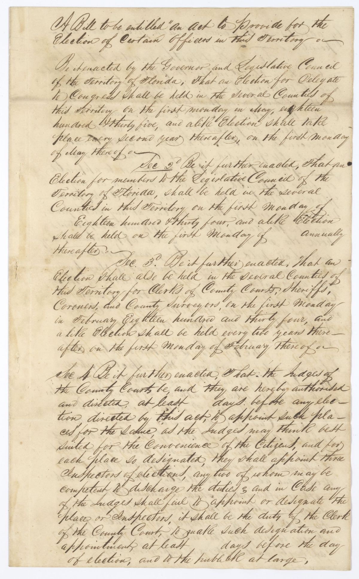 Draft of an Act to Provide for the Election of Certain Officers in the Territory, circa 1845