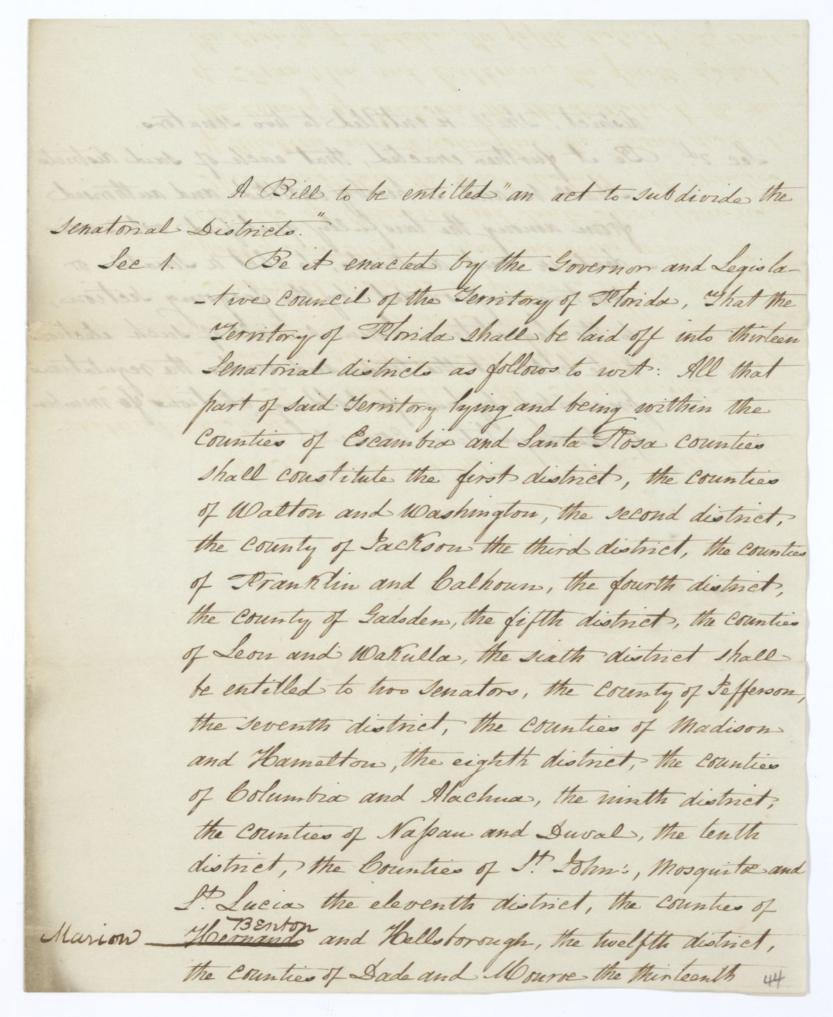 Draft of an Act to Subdivide the Senatorial Districts, 1844