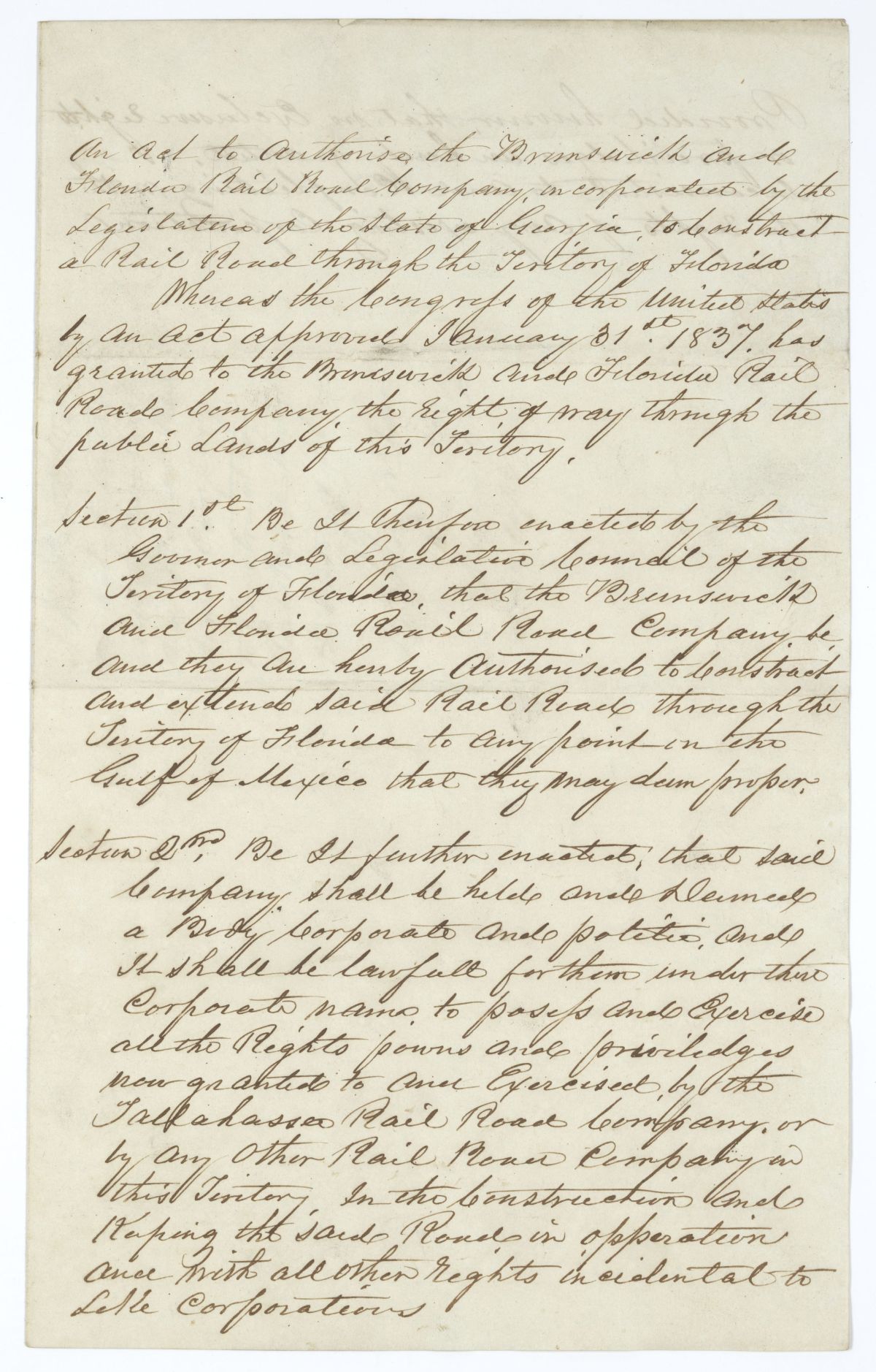 Draft of an Act to Authorize the Brunswick and Florida Railroad Company to Construct a Railroad Through the Territory of Florida, 1841