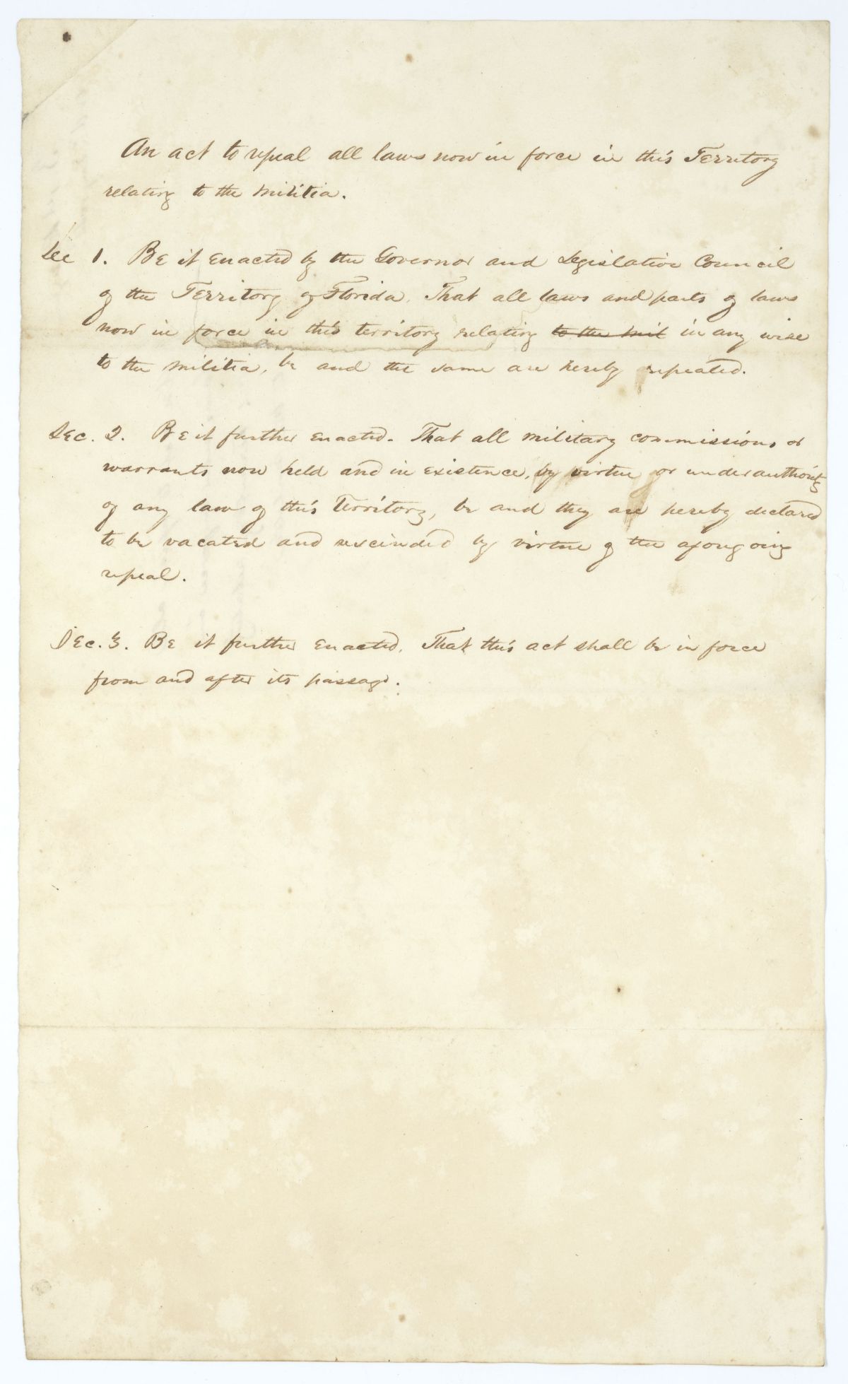 Draft of an Act to Repeal All Laws Now in Force in the Territory Relating to the Militia, 1837