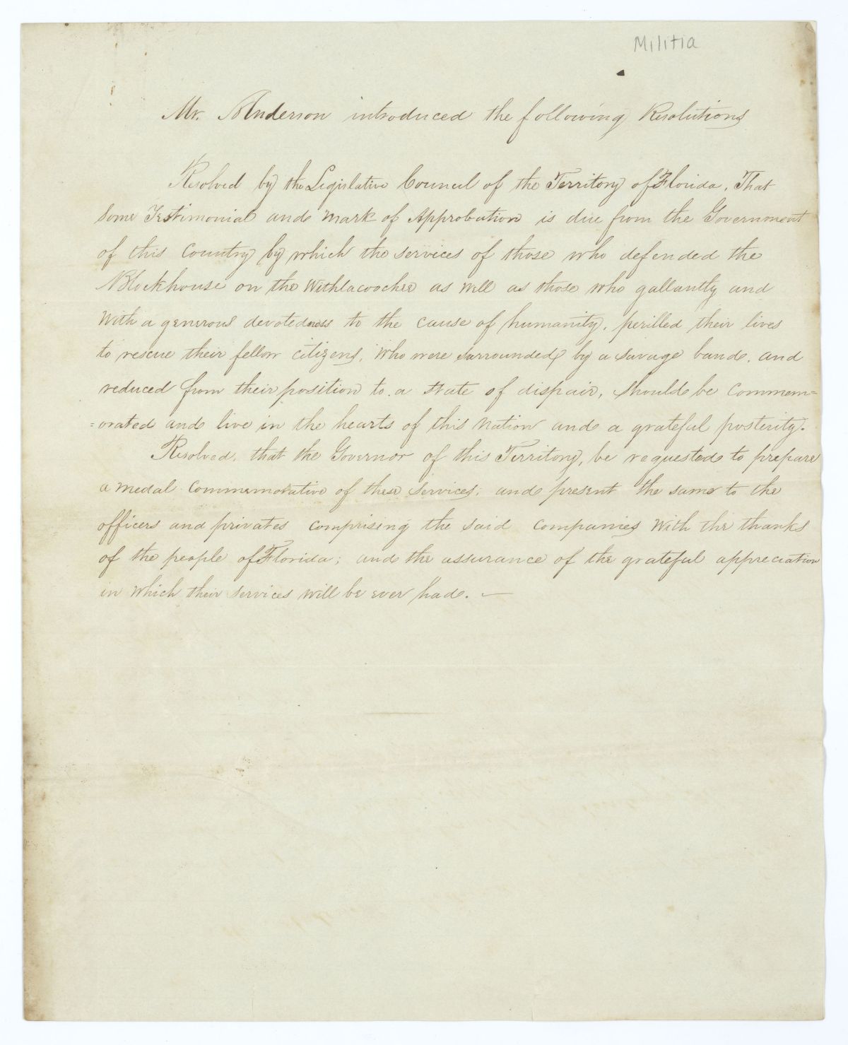 Two Resolutions Calling for Merits for the Soldiers Who Defended the Blockhouse on the Withlacoochee River, 1840