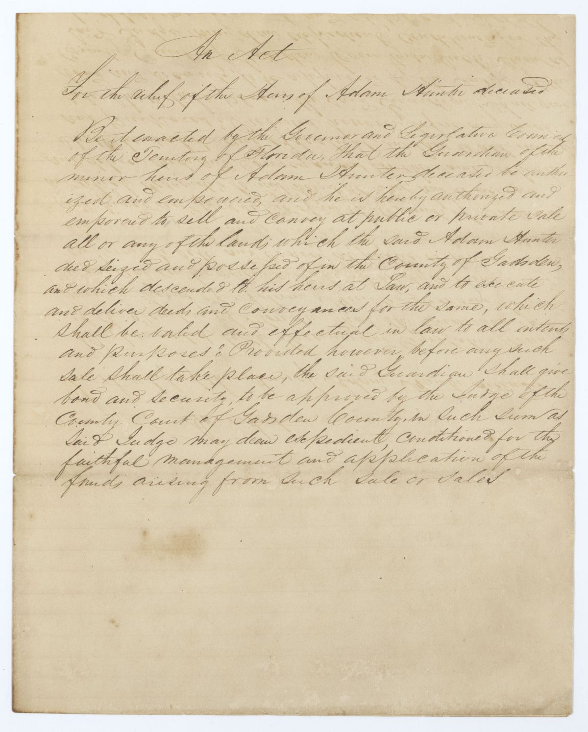 Draft of an Act for the Relief of the Heirs of Adam Hunter, 1836