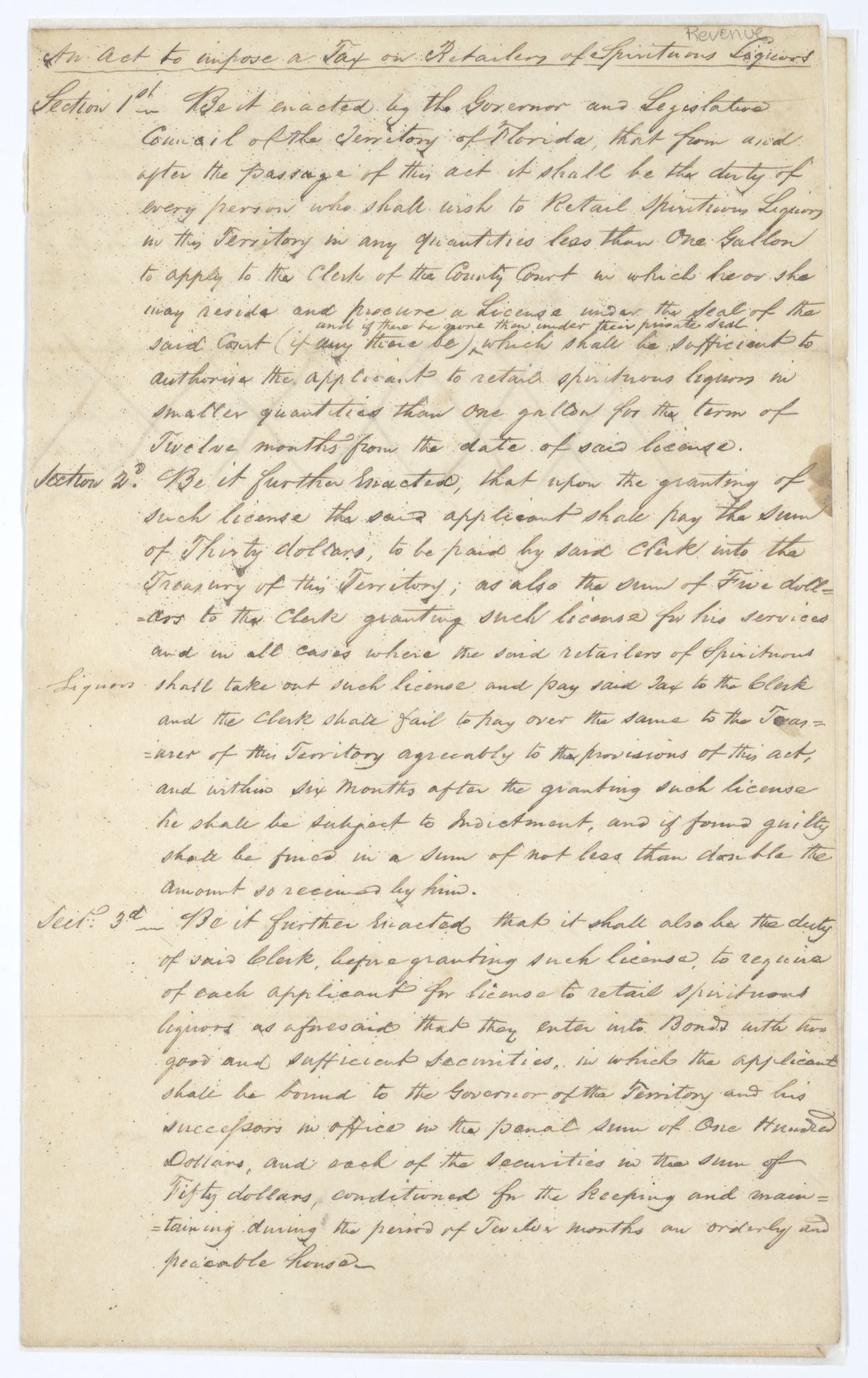 Draft of an Act to Impose a Tax on Retailers of Spirituous Liquors, 1840