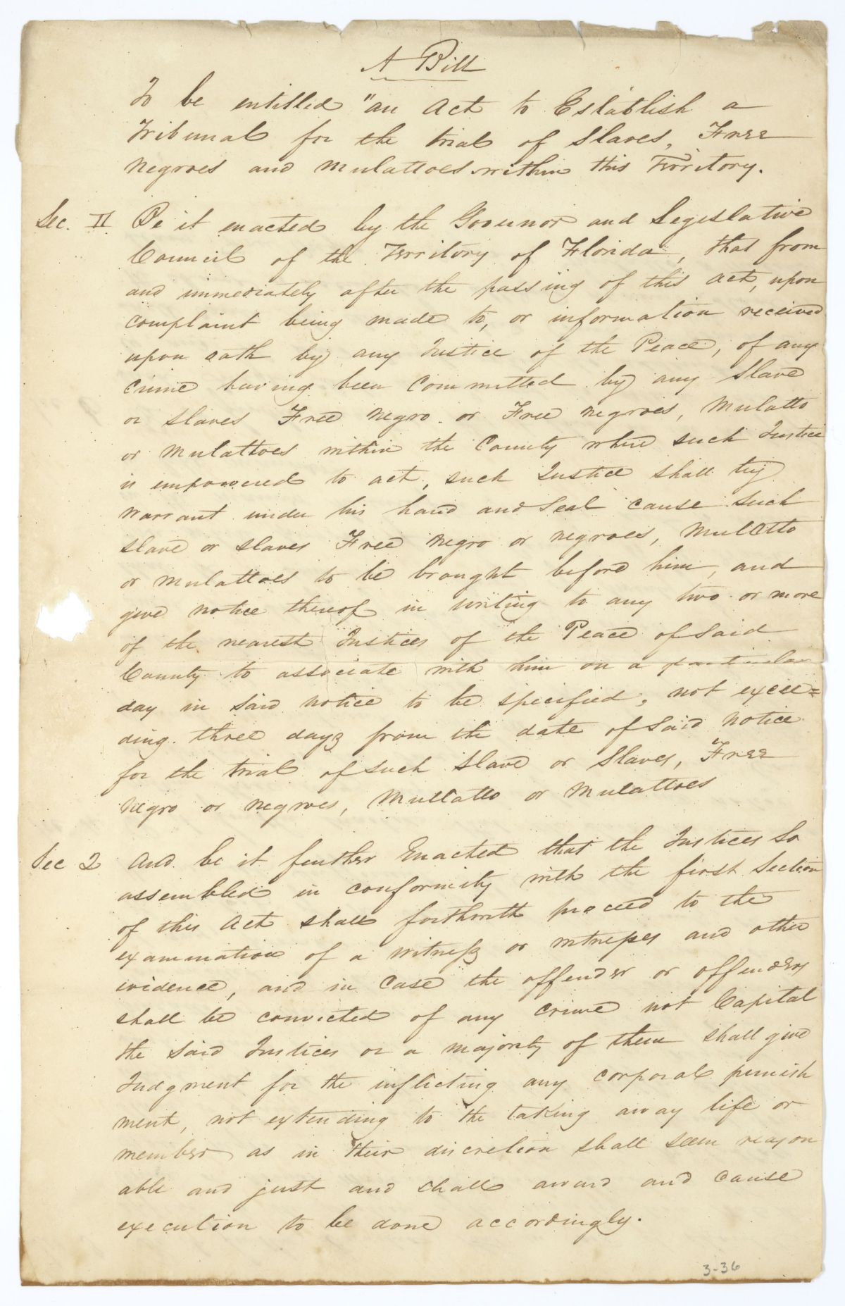 Draft of an Act to Establish a Tribunal for the Trial of Enslaved Persons and Free People of Color Within the Territory, 1836