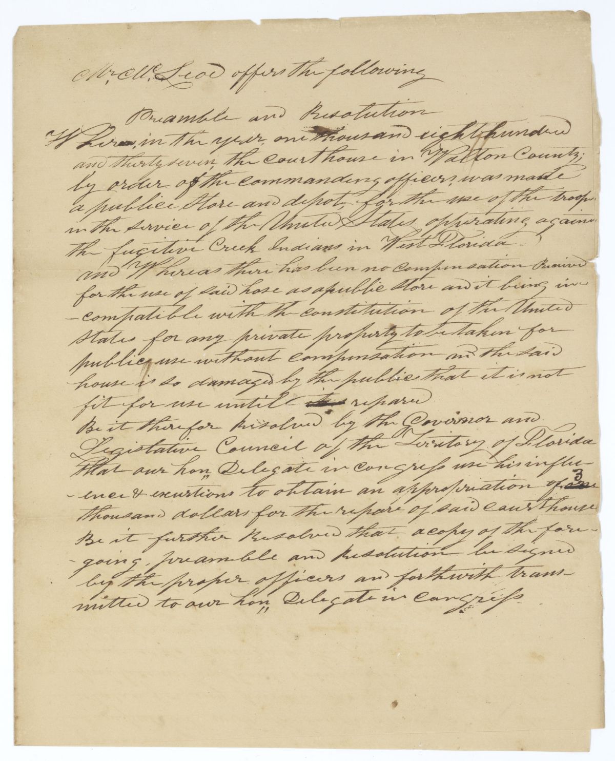 Resolution Directing the Florida Delegate in Congress to Procure an Appropriation for the Repair of the Walton County Courthouse, 1839