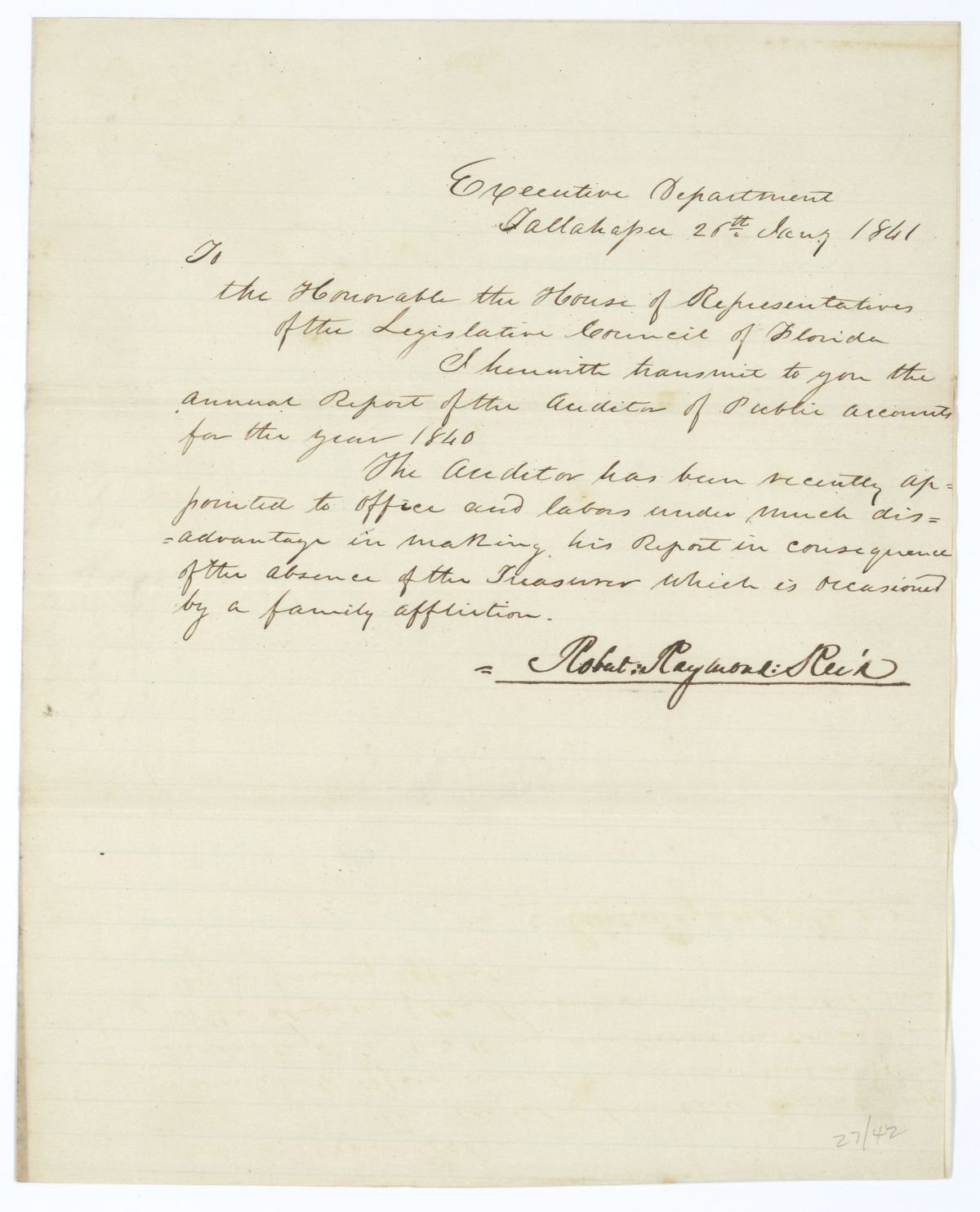 Letter from Governor Robert Reid to the Florida House of Representatives Regarding the Report of the Auditor of Public Accounts, 1841