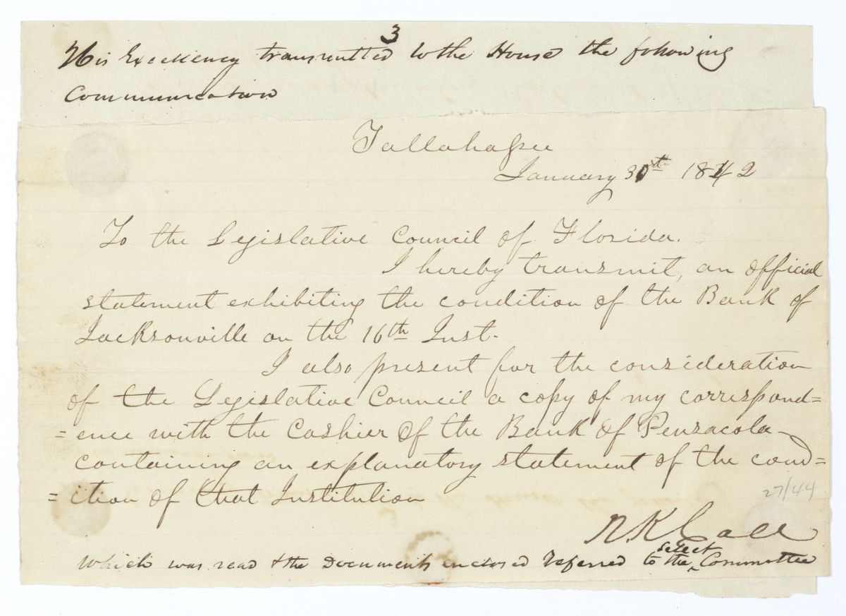 Letter from Governor Richard Keith Call to the Territorial Legislative Council Regarding Statements of the Condition of Two Banks, 1842