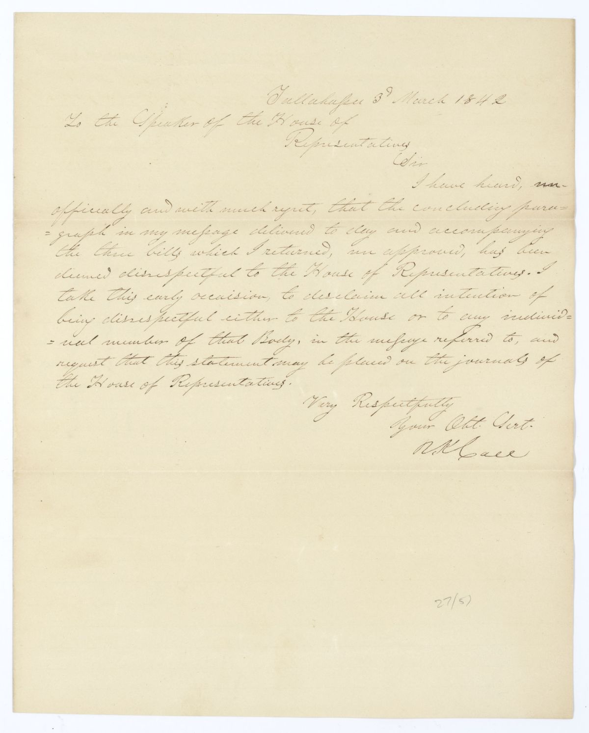 Letter from Governor Richard Keith Call to the Speaker of the House of Representatives Regarding an Allegedly Disrespectful Message, 1842