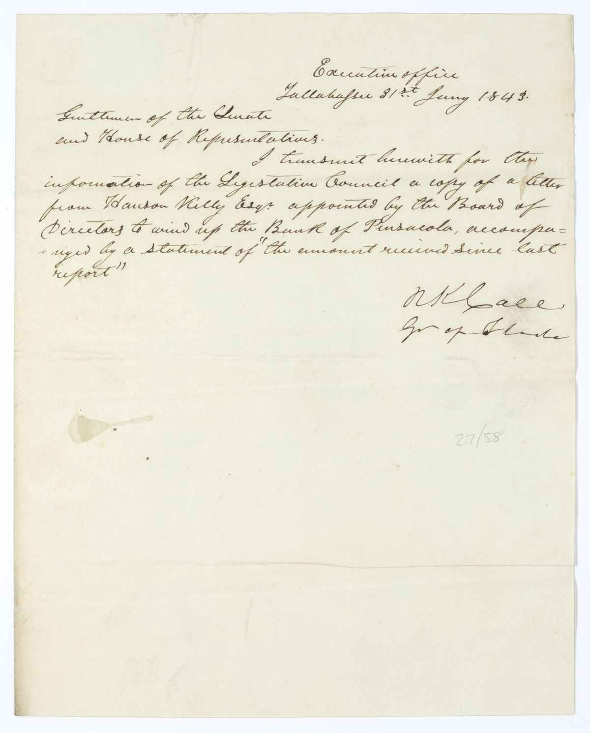 Letter from Governor Richard Keith Call to the Territorial Legislative Council Transmitting a Letter Regarding the Bank of Pensacola, January 31, 1843