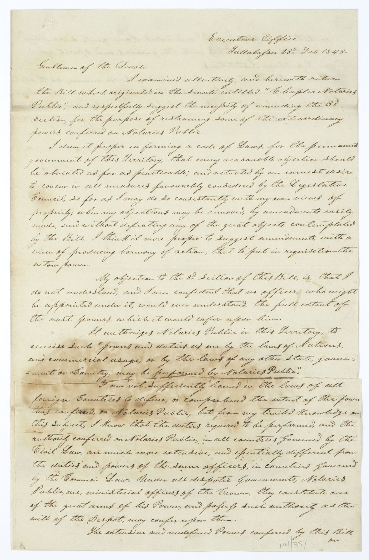 Letter from Governor Richard Keith Call to the Territorial Legislative Council Rejecting Part of a Bill Relating to Notaries Public, February 23, 1843