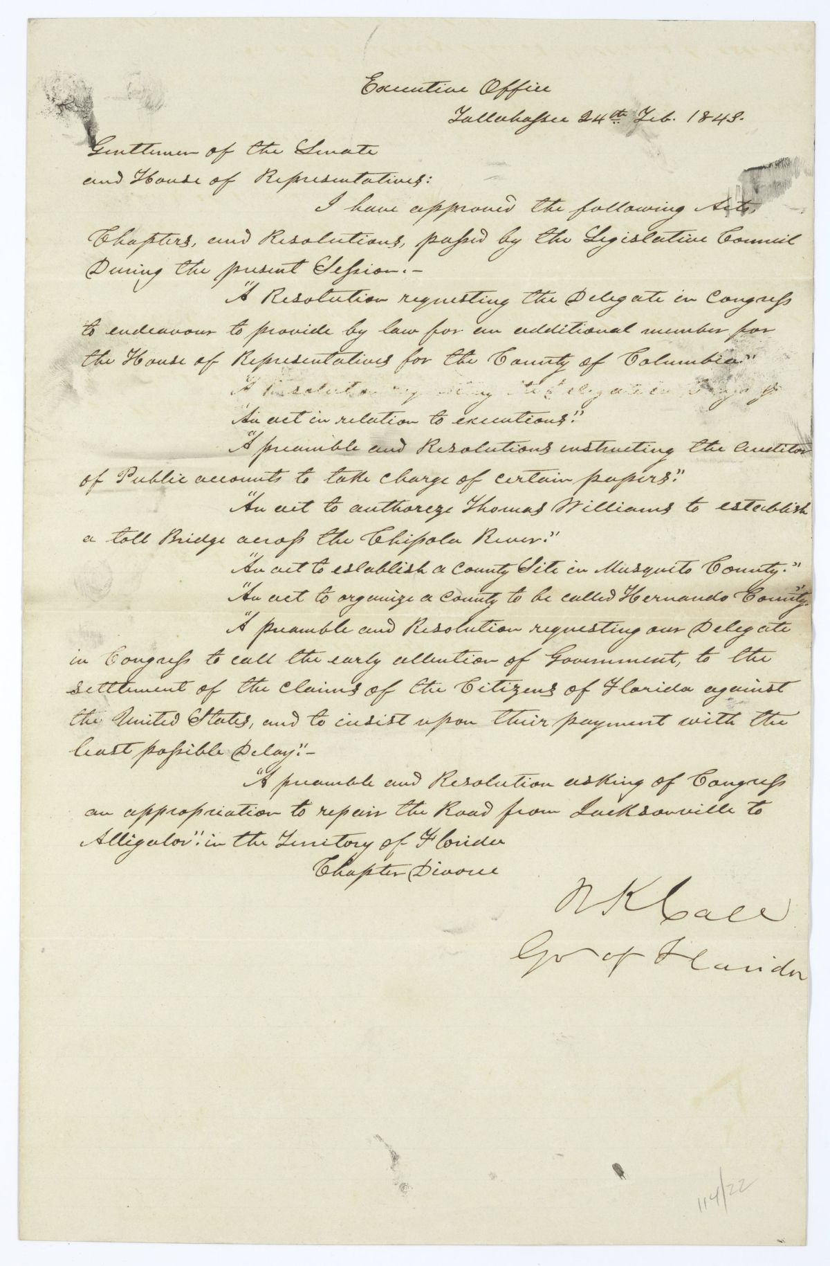 Letter from Governor Richard Keith Call to the Territorial Legislative Council Listing Recently Approved Legislation, February 24, 1843