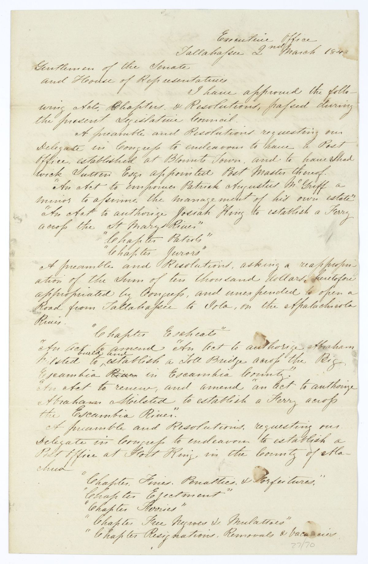 Letter from Governor Richard Keith Call to the Territorial Legislative Council Listing Recently Approved Legislation, March 2, 1843