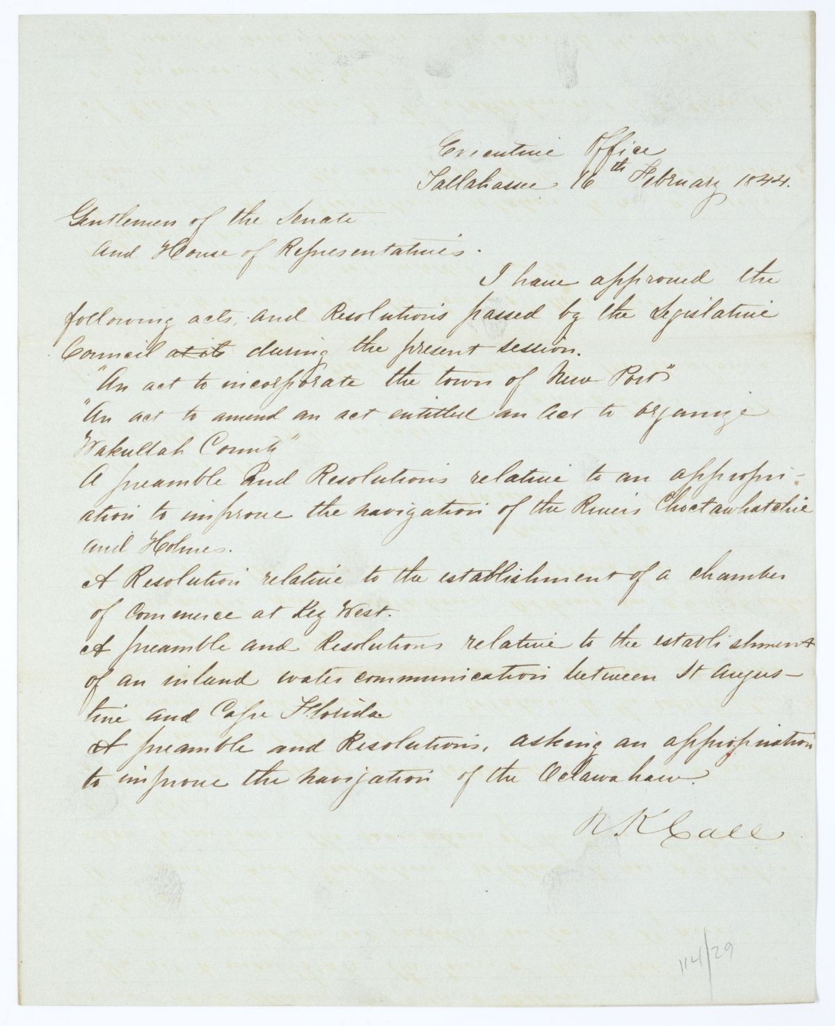 Letter from Governor Richard Keith Call to the Territorial Legislative Council Regarding Approved Legislation, 1844