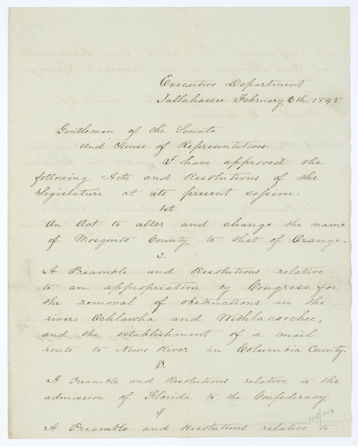 Letter from Governor John Branch to the Territorial Legislative Council Regarding Approved Legislation, 1845
