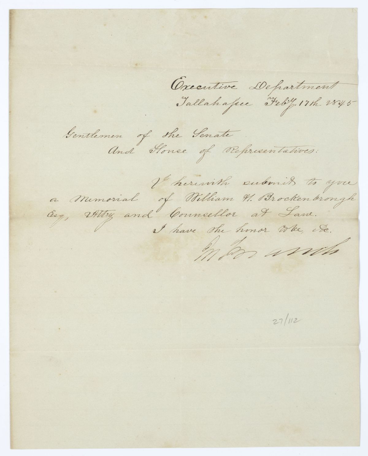 Letter from Governor John Branch to the Territorial Legislative Council Regarding a Memorial of William H. Brockenbrough, 1845