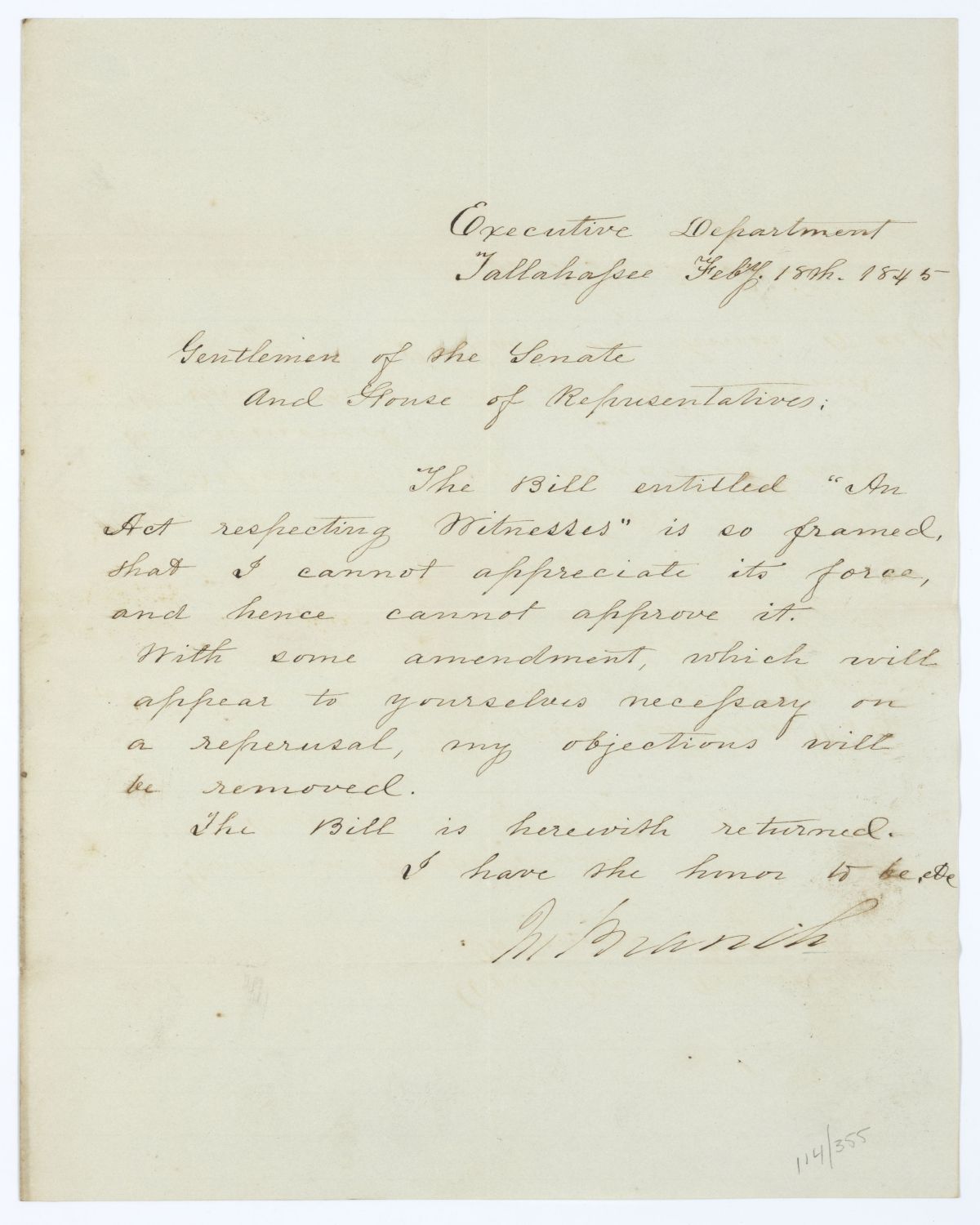 Letter from Governor John Branch to the Territorial Legislative Council Regarding the Veto of a Bill Respecting Witnesses, 1845