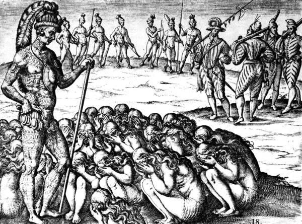 Grieving widows approach the Chief, from Theodor de Bry, Grand Voyages (1591) Grieving widows approach the Chief, from Theodor de Bry, Grand Voyages (1591)