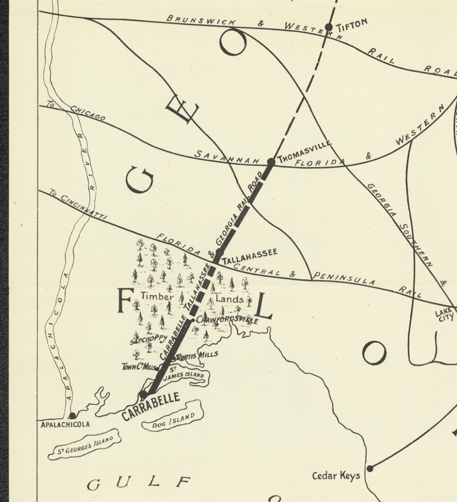 Map of Carrabelle, Tallahassee & Georgia Railroad showing the proposed route of the road and lucrative timber resources along the route. This map was used to sell company bonds to investors (1894). Carrabelle, Tallahassee & Gulf Railroad Collection (N2002-5), Box 1, FF11, State Archives of Florida.