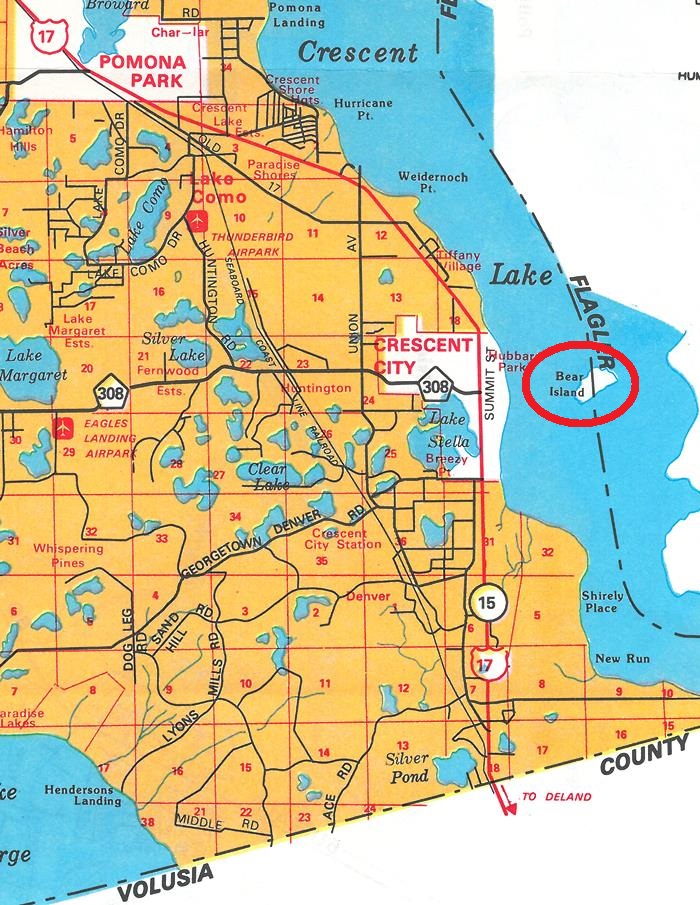 Excerpt of map of Putnam County showing Bear Island in the middle of Crescent Lake (1990).