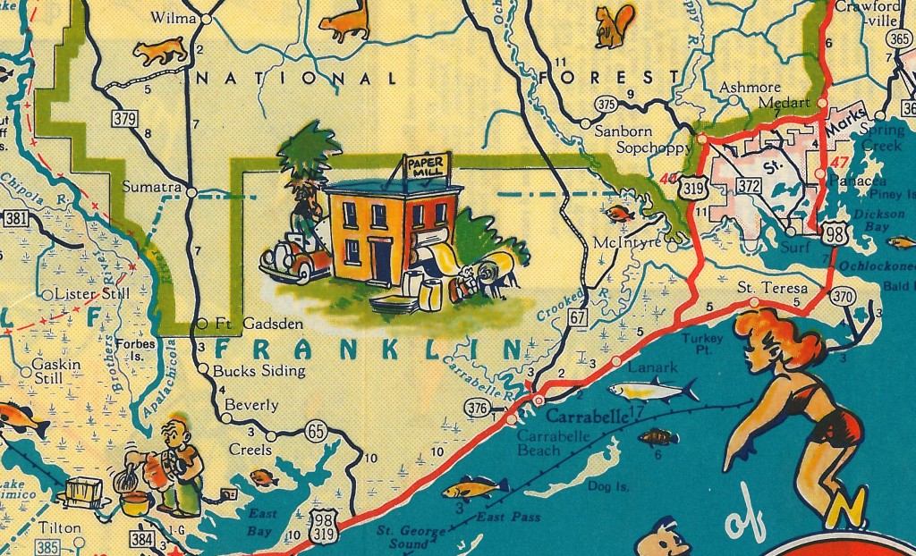 1950s-era highway map showing Lanark and vicinity on Florida's Gulf coast.