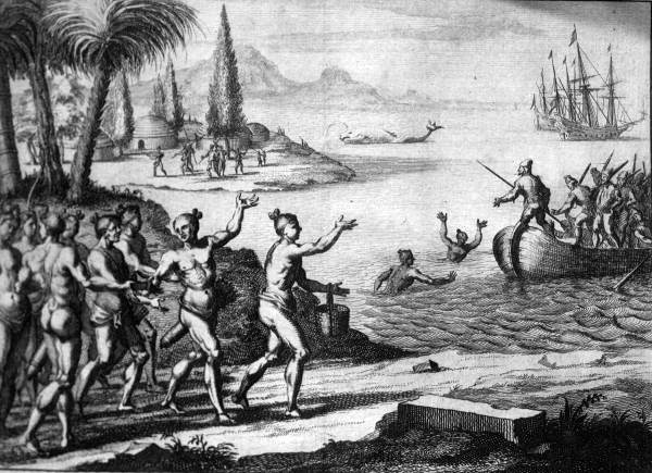 Lithograph of the Timucua greeting the French, from Theodor de Bry, Grand Voyages (1591) Lithograph of the Timucua greeting the French, from Theodor de Bry, Grand Voyages (1591)