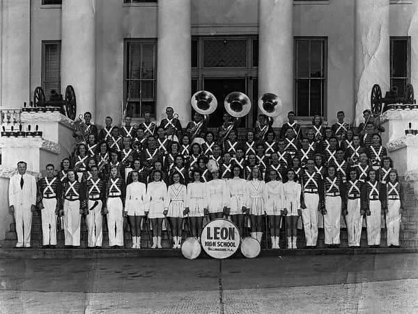 Group portrait of Leon High School band on steps of the Capitol in Tallahassee.