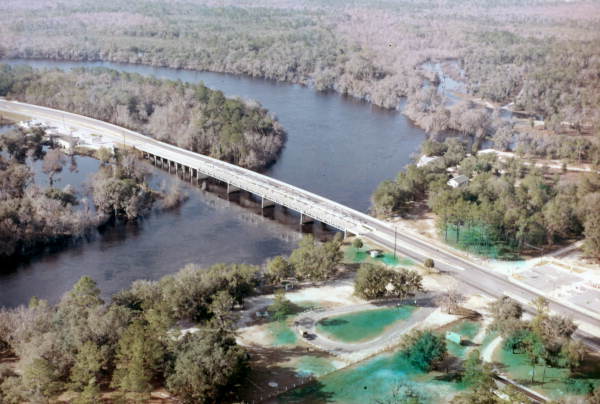 Aerial view showing road crossing the Suwannee River near Old Town, Florida.
