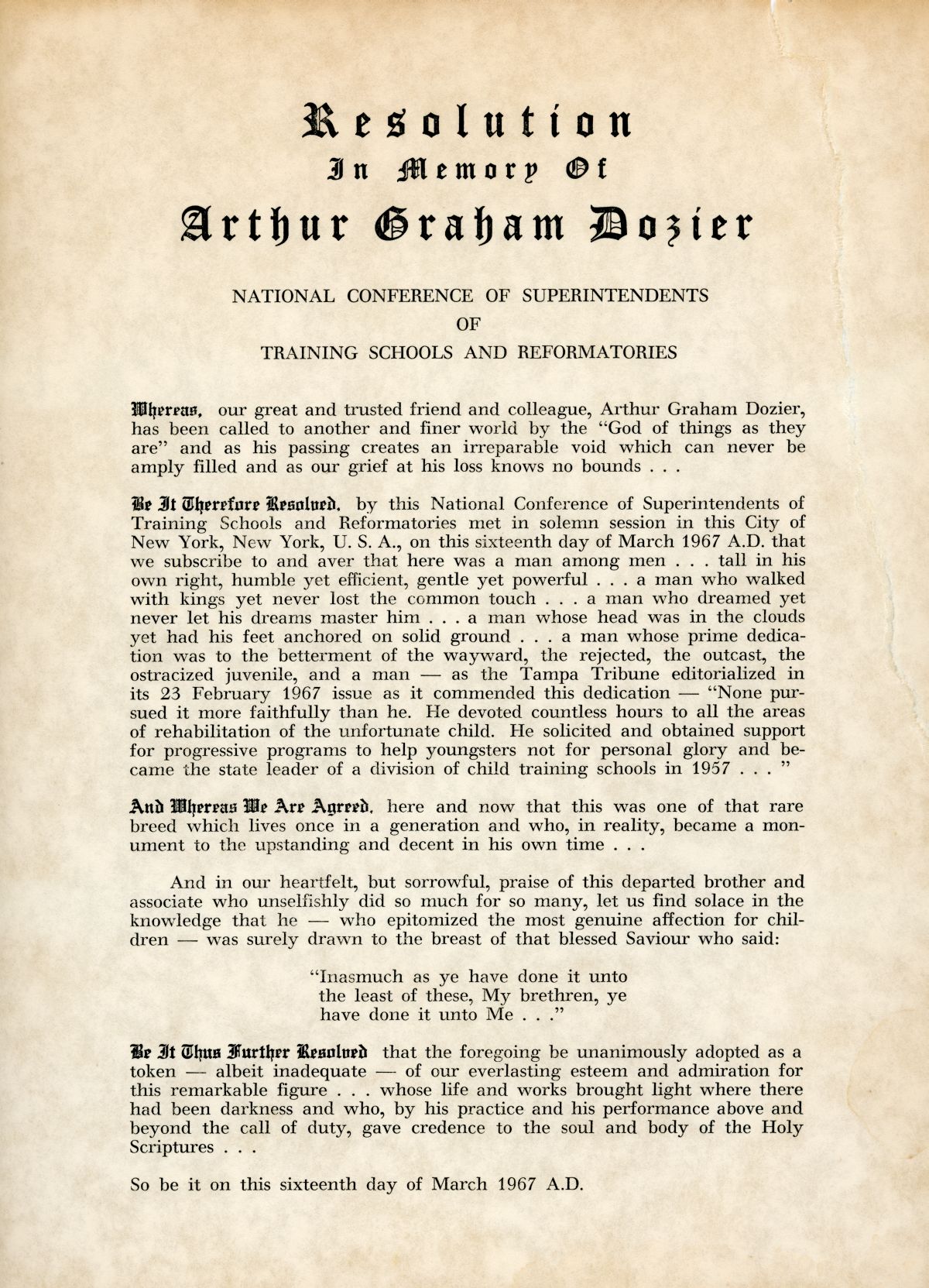 Resolution in memory of Arthur Graham Dozier by the National Conference of Superintendents of Training Schools and Reformatories in New York, New York.
