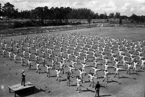 Brooklyn Dodgers doing calisthenics prior to training in Vero Beach, Florida.