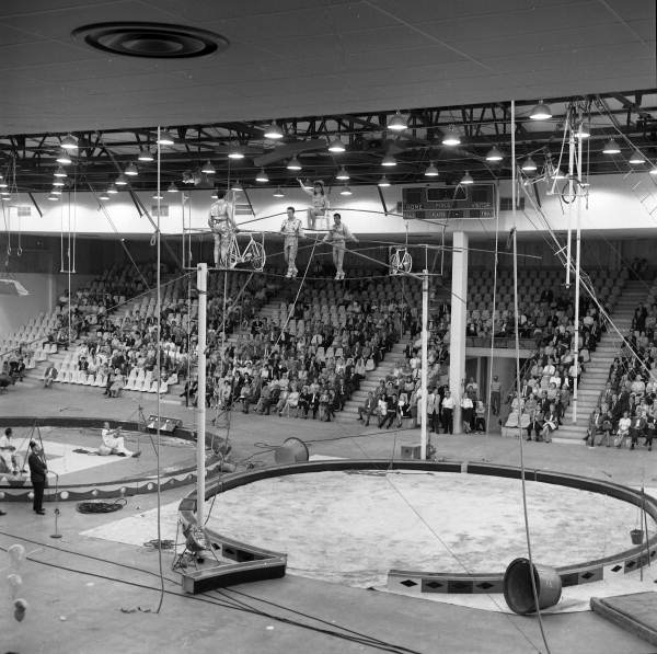 View showing the Flying Wallendas performing on the high-wire for the Shrine Circus at the Robarts Arena in Sarasota, Florida.