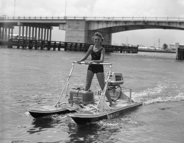 Anna Guiliano using a "Power Ski" on the intracoastal waterway near the Oakland Park Blvd. bridge in Ft. Lauderdale, Florida.