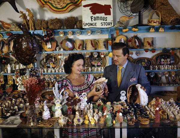 John M. Gonatos in his curio shop viewing shells with assistant Niki Vasilikis in Tarpon Springs, Florida.