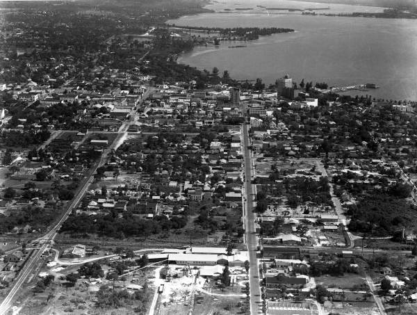 Aerial view looking south down Central Ave. in Sarasota, Florida.
