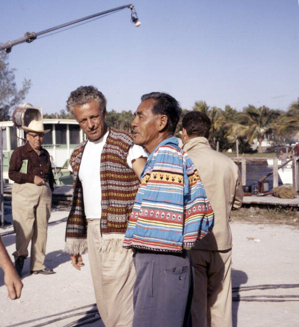 Director Nicholas Ray, left, with actor Cory Osceola during the filming of the movie "Wind Across the Everglades".
