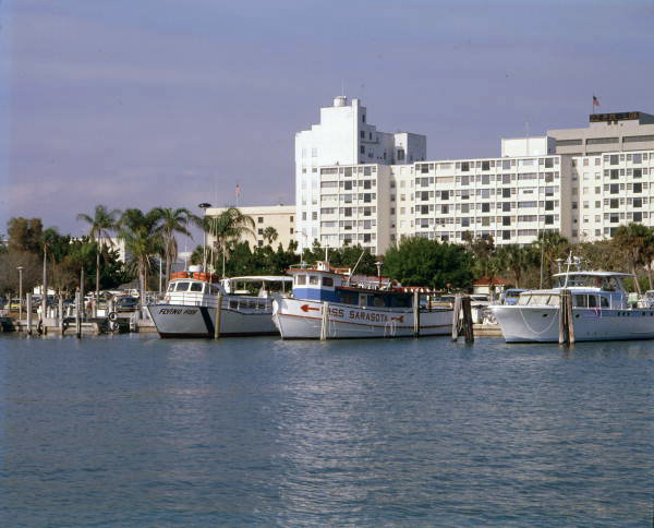 Charter boats docked at Marina Plaza in Sarasota, Florida.
