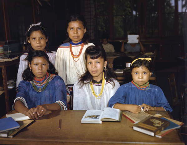 Seminole children in a government school at the Brighton Indian Reservation.