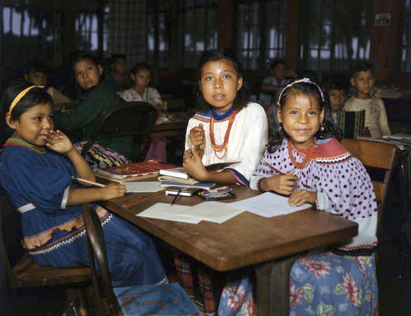 Seminole children in a government school at the Brighton Indian Reservation in Glades County, Florida.