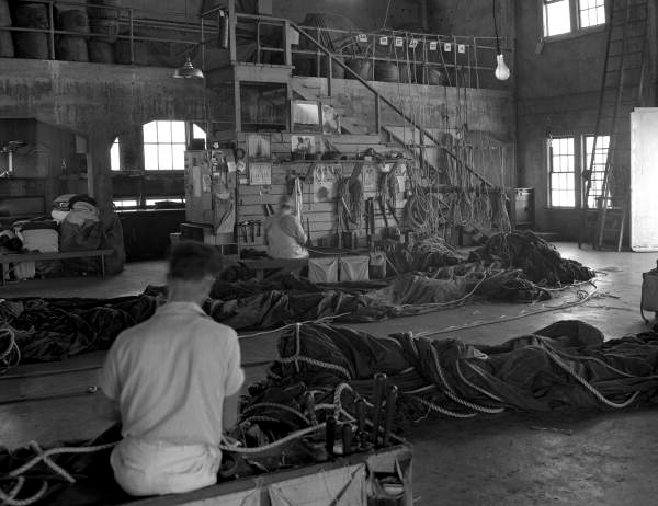 View showing employees making the Ringling Circus big top tent in Sarasota, Florida.