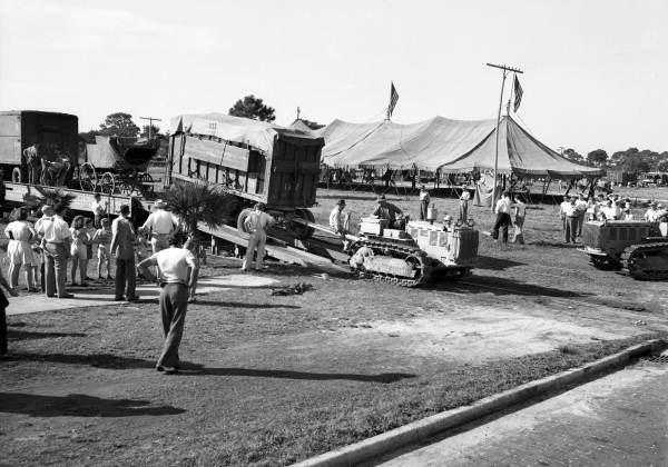 View showing the big top tent going up at last showing of 1947 season - Sarasota, Florida.