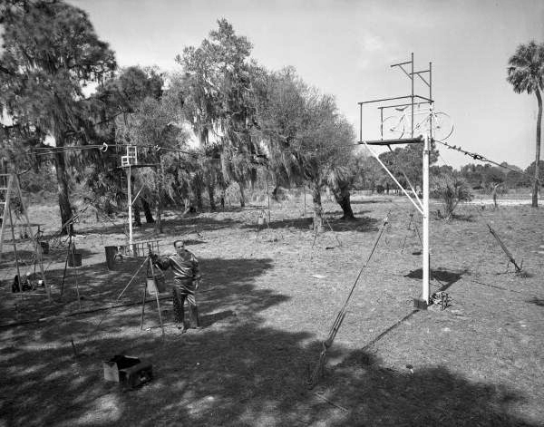 Flying Wallendas daredevil circus act founder Karl Wallenda standing next to his practice wire-walking rig in Sarasota, Florida.