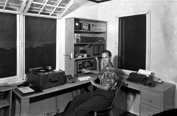 Photographer's son William Janney Steinmetz in a radio station in Sarasota, Florida.