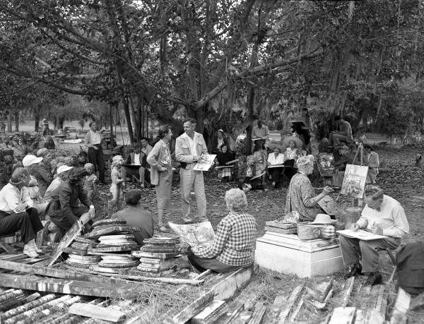 Hilton Leech's Amagansett Art School class of adult painters on the grounds of the Ringling Mansion in Sarasota, Florida.