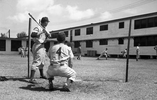 Scene showing pitching practice during the Brooklyn Dodgers training camp in Vero Beach, Florida.