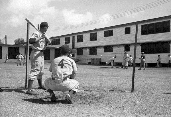 Scene showing pitching instruction session at the Brooklyn Dodgers training camp in Vero Beach, Florida.