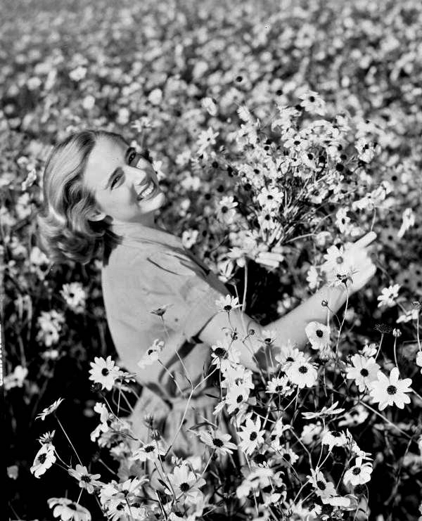 Lois Duncan Steinmetz in a field with daisies in Taos, New Mexico.