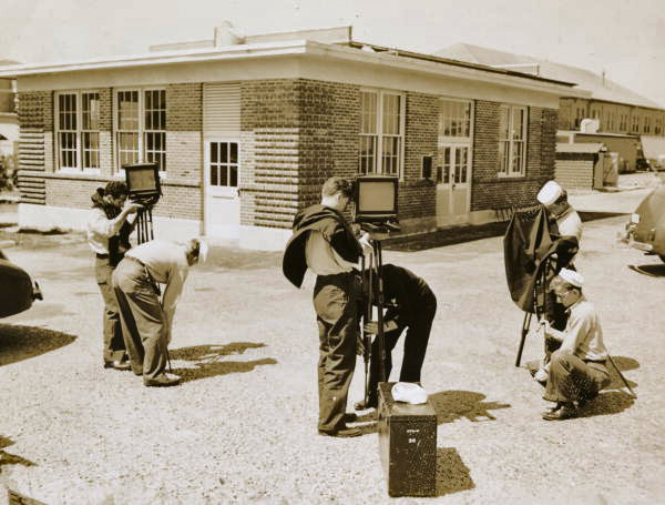 View of students setting up cameras during Naval Photography School class at NAS Pensacola.
