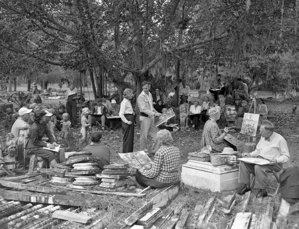 View of Hilton Leech's Amagansett Art School class of adult painters on the grounds of the Ringling Mansion in Sarasota, Florida.