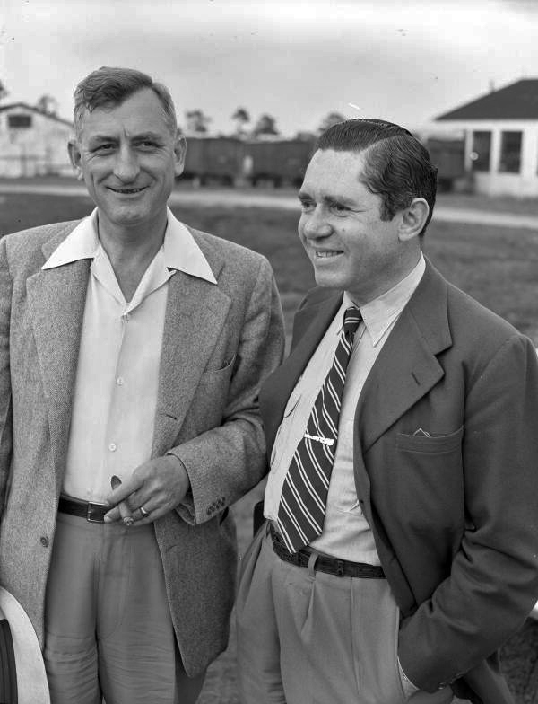 Jim Haley, president of the Ringling Circus, with vice-president John Ringling North near the train leaving the winter quarters in Sarasota, Florida